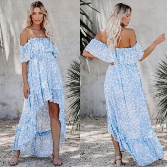 VICI Off the Shoulders Blue and White Dress - Picture 1 of 5
